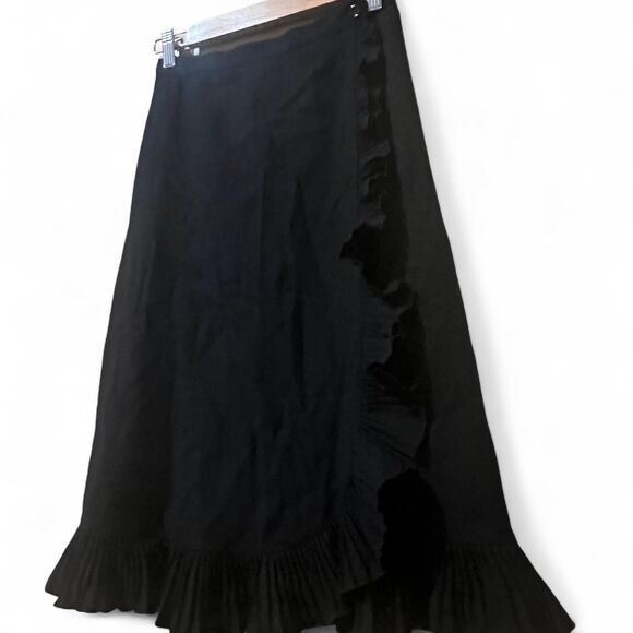Vintage Black Midi Skirt W/ Asymmetric Wrap Ruffle Detail & Button. - Picture 6 of 12